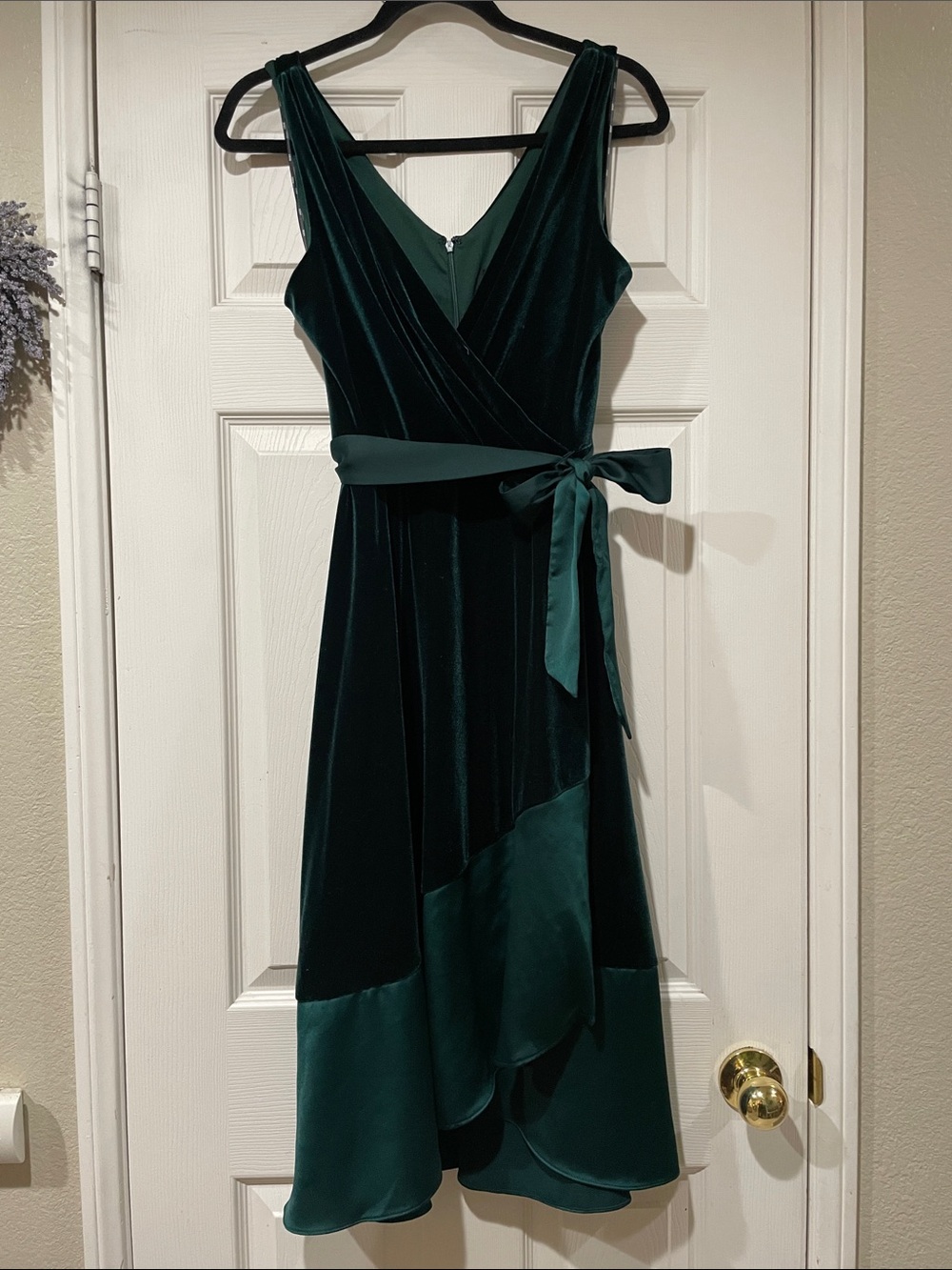 DKNY Emerald Green Velvet Wrap High-Low Dress with Sash